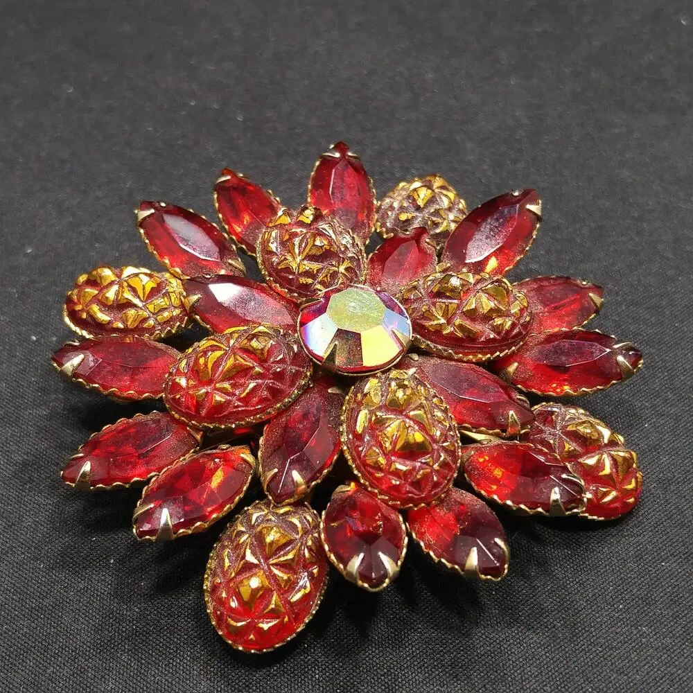 Judy Lee Red Rhinestone Brooch, Red Gold Molded Glass Petals, 1960s Vintage